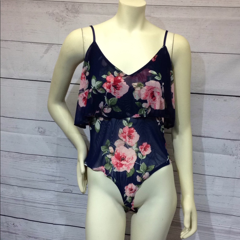 Hot Gal Camisole Bodysuit Size L Blue Floral